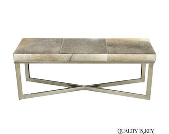 Modern Leather Cowhide Silver Chrome Metal X-Frame Stretcher Base Bench