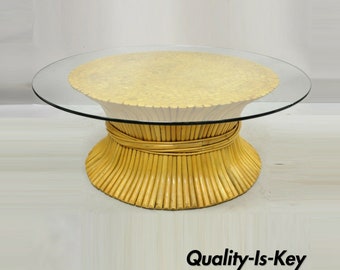 McGuire Style Sheaf of Wheat Bamboo 48" Round Glass Coffee Table