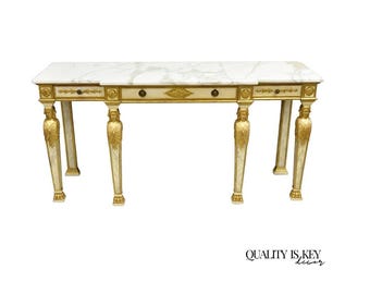 Antique Italian Neoclassical Cream & Gold Marble Top Figural Long Console Table