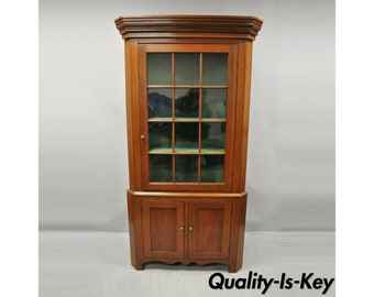 American Primitive Colonial Cherry Wood Wavy Glass Corner Cupboard China Cabinet