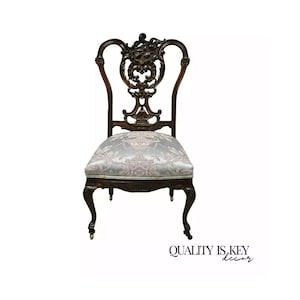 Antique Victorian Floral Scrollwork Carved Mahogany Parlor Accent Slipper Chair