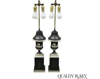 Antique Wedgwood Jasperware Black and White Urn Form Table Lamps - a Pair