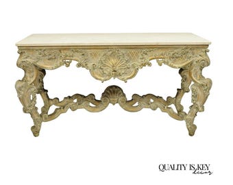 Antique French Louis XV Rococo Style Shell Carved 68" Marble Top Console Table