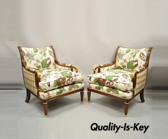 French Regency Style Floral Print Mahogany Frame Club Lounge