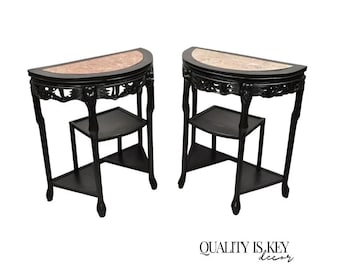 Vintage Chinese Chinoiserie Black Demilune Pink Marble Console Table - a Pair