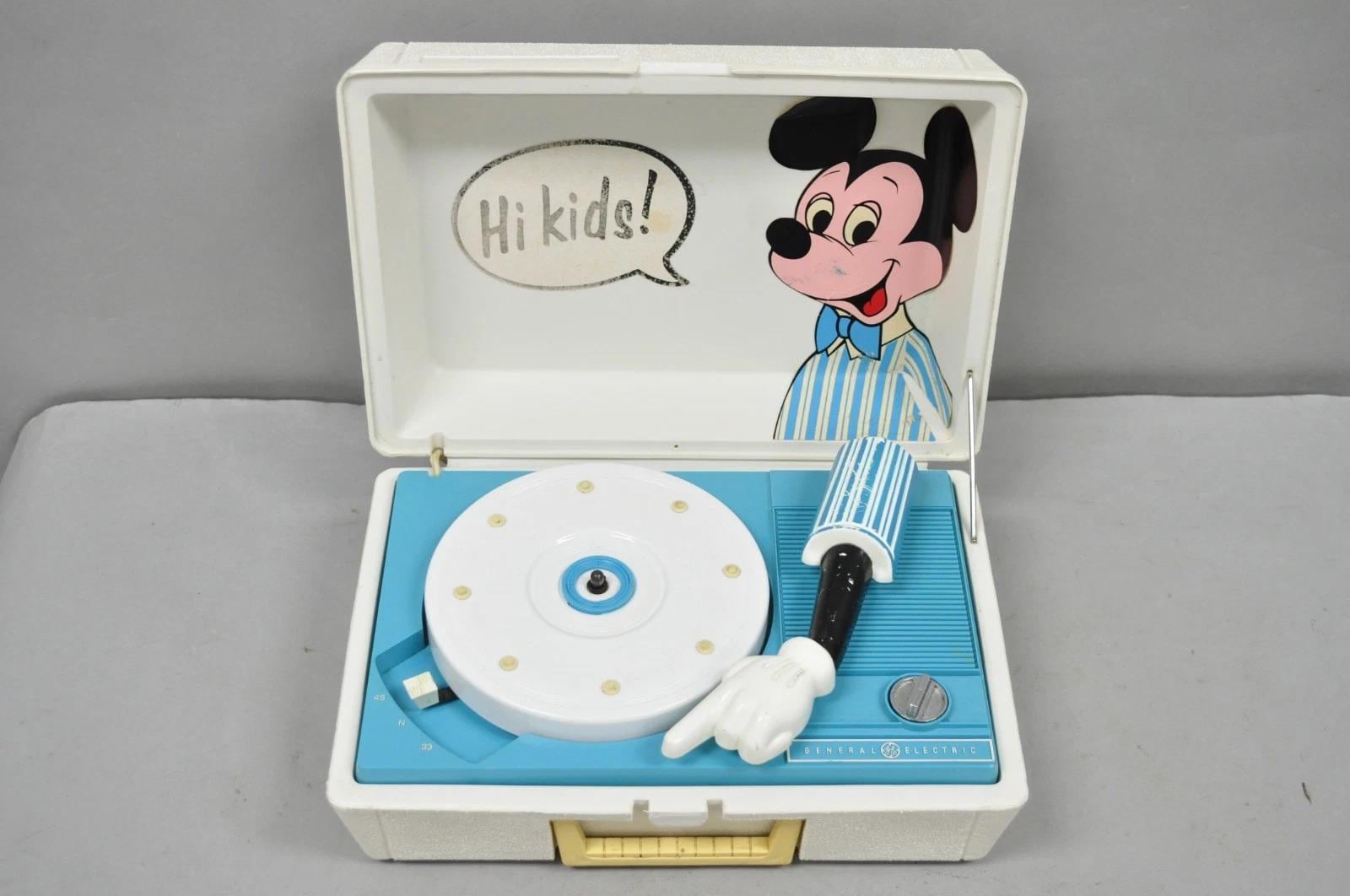 Vintage Mickey Mouse Walt Disney Blue White Portable Record Player