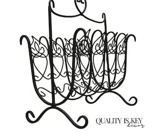 Vintage French Style Scrolling Wrought Iron Magazine Rack Stand with Heart