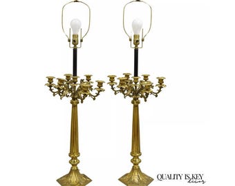 Antique Gothic French Empire Renaissance Bronze Candelabra Table Lamps - a Pair