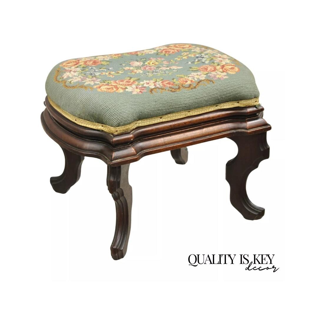 Antique Eastlake Victorian Carved Walnut Floral Needlepoint Footstool ...