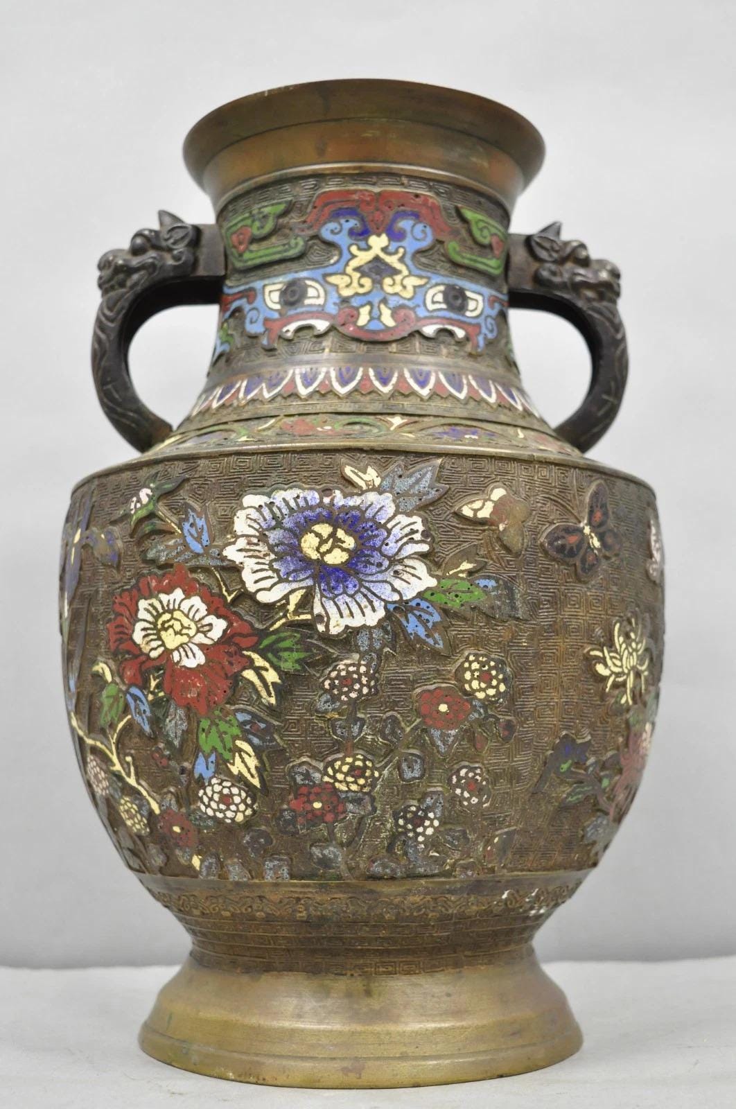 Antique Japanese Champleve Cloisonne Enamel Bronze Twin Handle 14