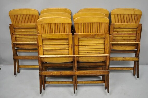 Antique Vintage Wood Slat Double Folding Theater Seat School Chair