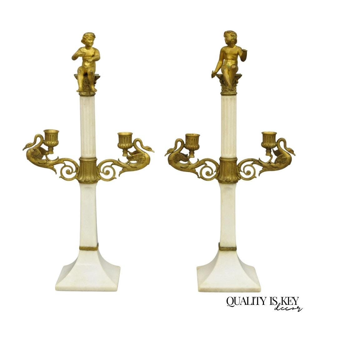 Swans Column Antique French Neoclassical Bronze Swans Cherub Marble Column ...