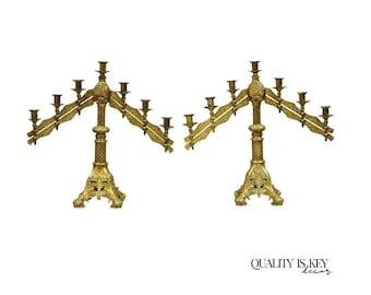 Antique French Renaissance Gothic Bronze 7 Arm Adjustable Candelabras - a Pair