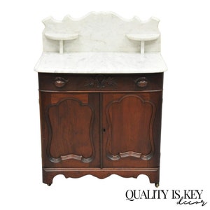 Antique Eastlake Victorian Marble Top Backsplash Walnut Washstand Commode