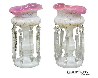 Antique Czech Victorian Bohemian Pink White Mantel Lusters Lustres - a Pair