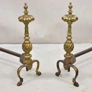 Antique French Empire Style Bronze Brass Spiral Column Andirons a Pair image 2