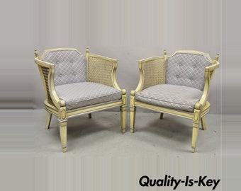 Vintage Hollywood Regency Cream Painted Cane Side Club Lounge Chairs - a Pair