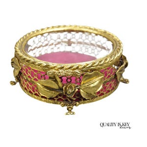 Vintage French Beveled Glass Gold Filigree Round Casket Jewelry Trinket Box