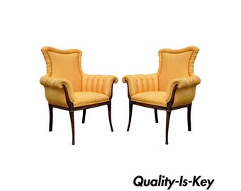 Pair of Vintage Hollywood Regency French Style Carved Fireside Lounge Arm Chairs