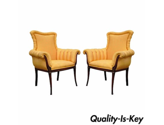 Pair of Vintage Hollywood Regency French Style Carved Fireside Lounge Arm Chairs