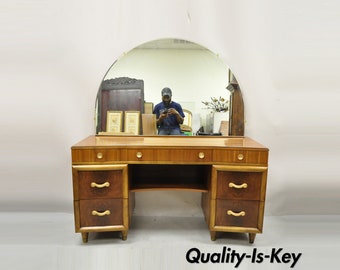 Joerns Bros Art Deco Mid Century Burl Walnut Vanity Table with Mirror