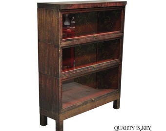 Vintage Industrial Steel Metal Faux Woodgrain Painted Stack Barrister Bookcase