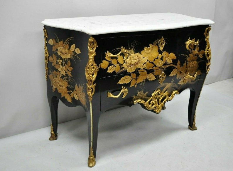French Louis XV Style Marble Top Black /& Gold Bombe Commode Chest Bronze Ormolu