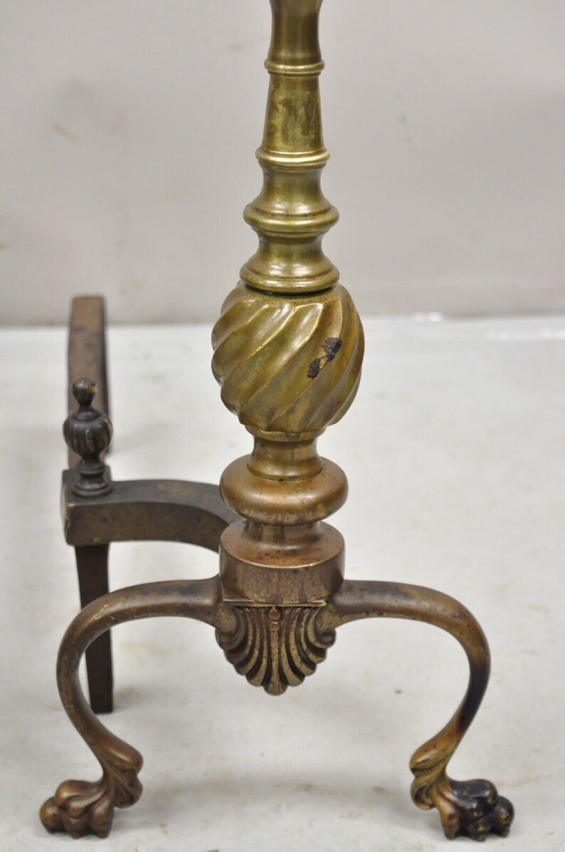 Antique French Empire Style Bronze Brass Spiral Column Andirons a Pair image 5