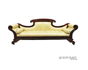 Antique American Empire Neoclassical Carved Mahogany Sofa with Gold Fabric