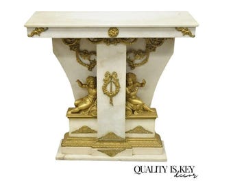 French Louis XV Style Marble & Figural Bronze Ormolu Console Table w/ Cherubs