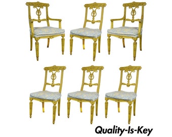6 Yellow Painted French Regency Louis XVI Style Carved Dining Room Chairs