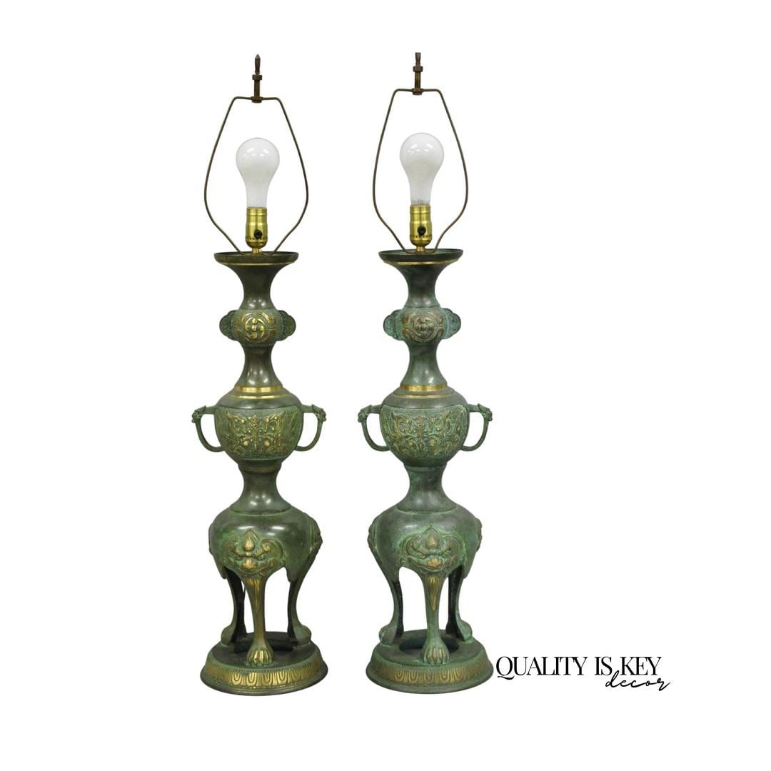 Chinoiserie James Mont Style Green Bronze Chinese Foo Dog Table