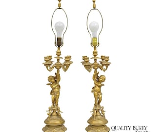 Vintage French Renaissance Louis XV Gold Cherub Candelabra Table Lamps - a Pair