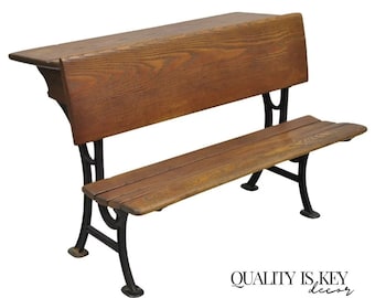Vintage American Co. School Desk: Iron, Wood, Folding Bench Seat - Etsy
