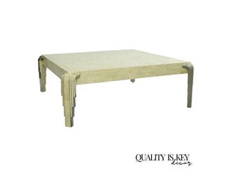 Tavola by Oggetti Art Deco Form Tessellated Stone Chrome 48" Square Coffee Table