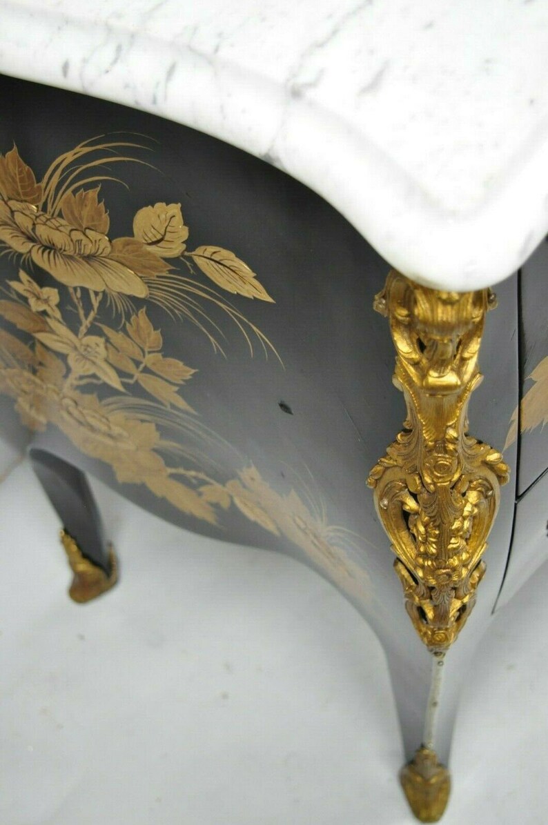 French Louis XV Style Marble Top Black /& Gold Bombe Commode Chest Bronze Ormolu