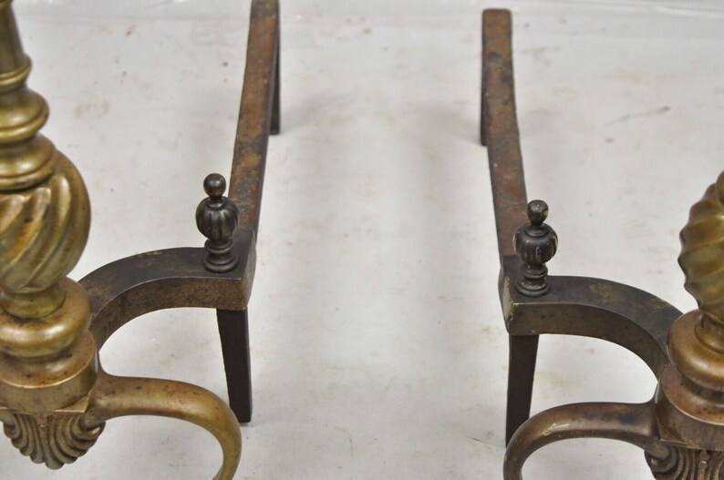 Antique French Empire Style Bronze Brass Spiral Column Andirons a Pair image 8