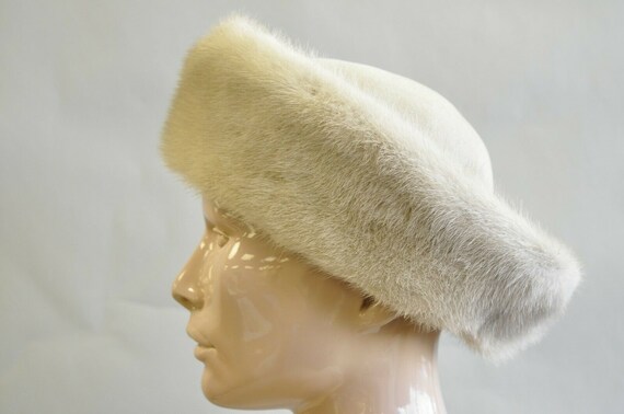Elegant Mink white & Gray Fur Hat genuine vintage Dr D size 22’ White Fox and Mink Fur Hat-Large Brim Fur Hat – Madison  main image 4