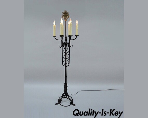 Antique Gothic Iron Candelabra Standing Floor Lamp Tall 76 Coat Hook Hanger