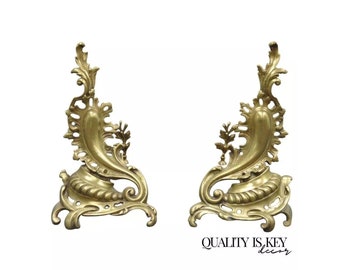 Antique French Louis XV Rococo Style Bronze Brass Acanthus Andirons - a Pair