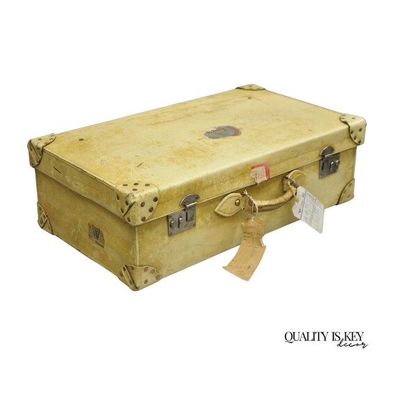 Antique 1930s French Vellum Parchment Large 30" Cream Hard Case Suitcase Luggage