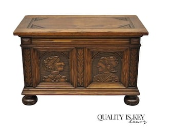 Antique Jacobean Oak Wood Figural Bust Carved Blanket Chest Trunk on Bun Feet