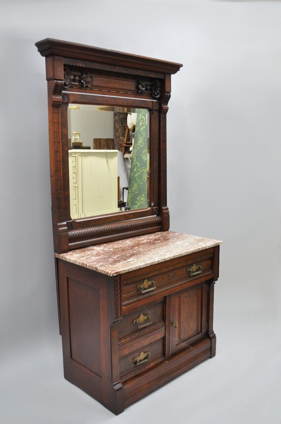 Victorian Eastlake Burl Walnut Marble Top Wash Stand Dresser Victorian Eastlake Burl Walnut Marble