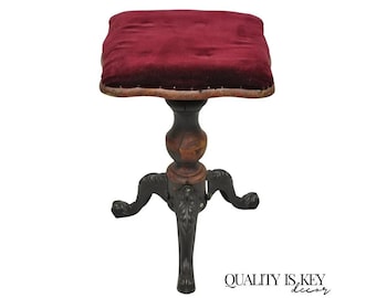 Antique American Victorian Cast Iron Wood Pedestal Adjustable Piano Bench Stool