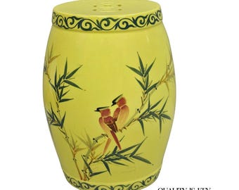 Vintage Chinese Chinoiserie Yellow Porcelain Ceramic Garden Seat w Painted Birds