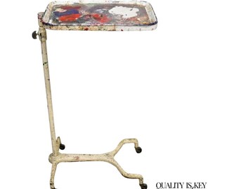 Antique Art Deco Porcelain Enamel Metal Adjustable Medical Dental Side Table
