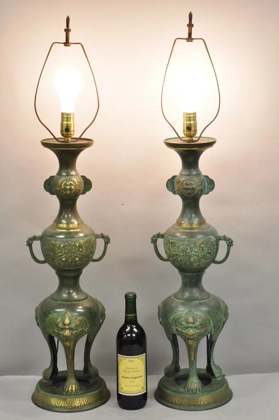 Chinoiserie James Mont Style Green Bronze Chinese Foo Dog Table