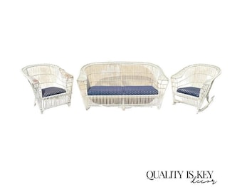 Antique Victorian Wicker Rattan Bentwood Sculptural Sunroom Sofa Set with Chairs