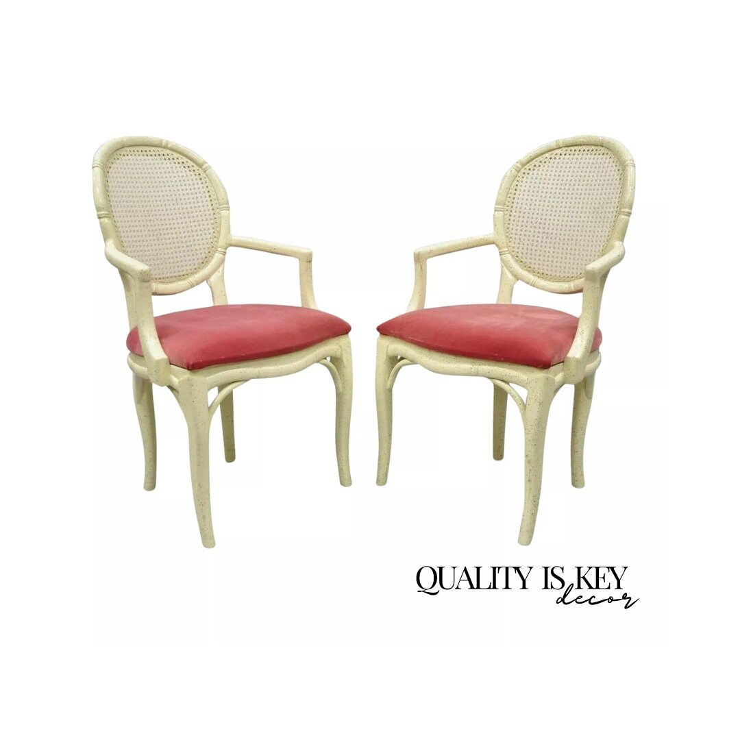 Vintage Hollywood Regency White Faux Bois Bamboo Cane Back Arm Chairs - a Pair