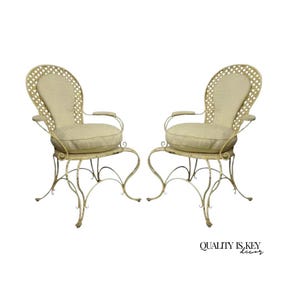Vintage French Country Wrought Iron Lattice Scrolling Arm Chairs (B) - Pair